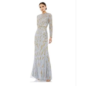 Mac Duggal Beaded Long Sleeve Evening Gown Platinum Gold Size 12 NWT